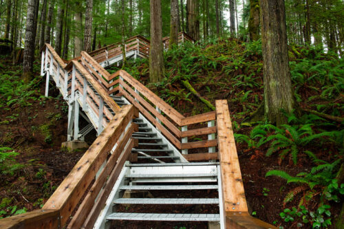 A contemporary stairway in Elk Falls Provincial Park in Campbell River in Canada